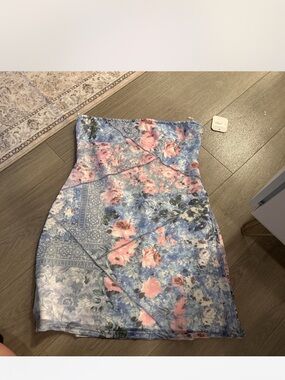Altar'd State Strapless Floral Mini Dress in Blue and Pink